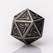 Weapon Rack, nude metal RPG dice D20 adorned with weaponry on a white background.