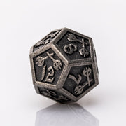 Weapon Rack, nude metal RPG dice D12 adorned with weaponry on a white background.