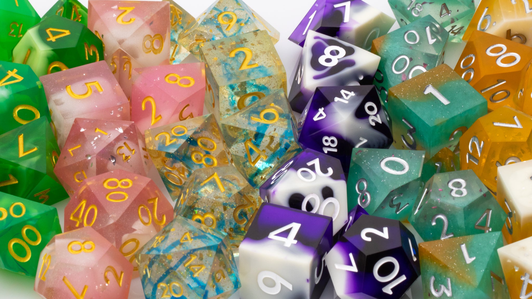 Big pile of resin dice on a white background