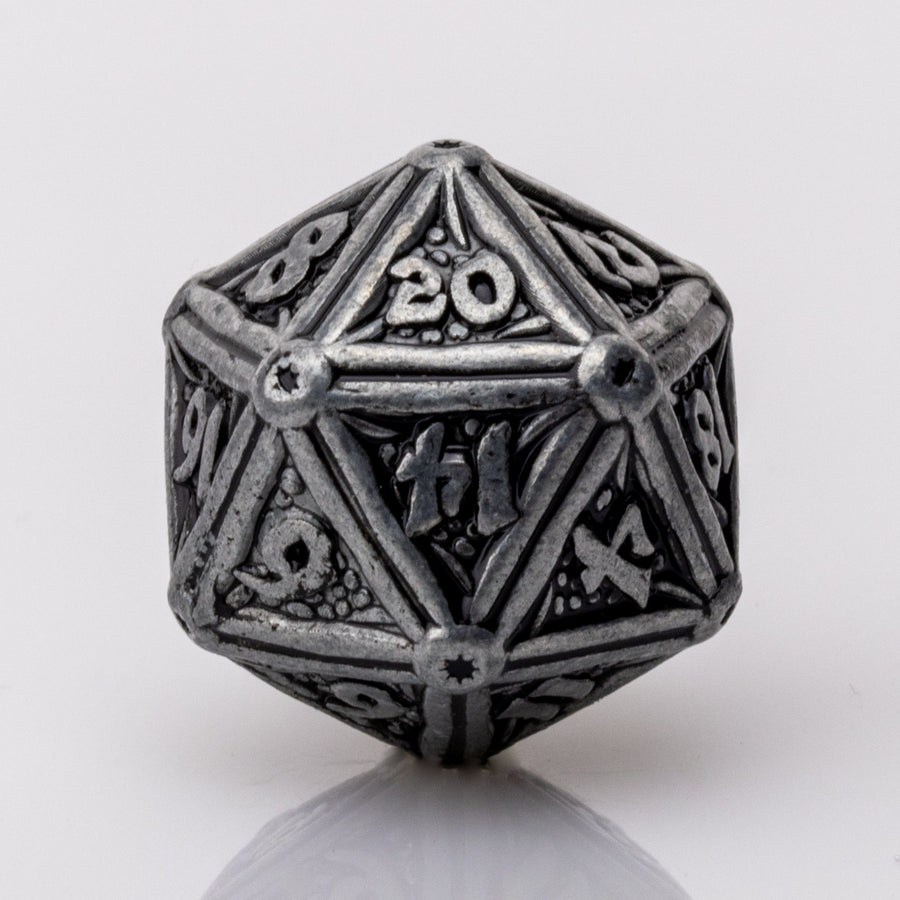 Ancient Iron, scrolled metal RPG Dice D20 on a white background.