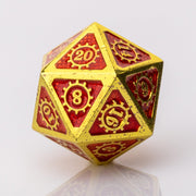 Golden Sun, red and gold metal RPG dice D20 on a white background.