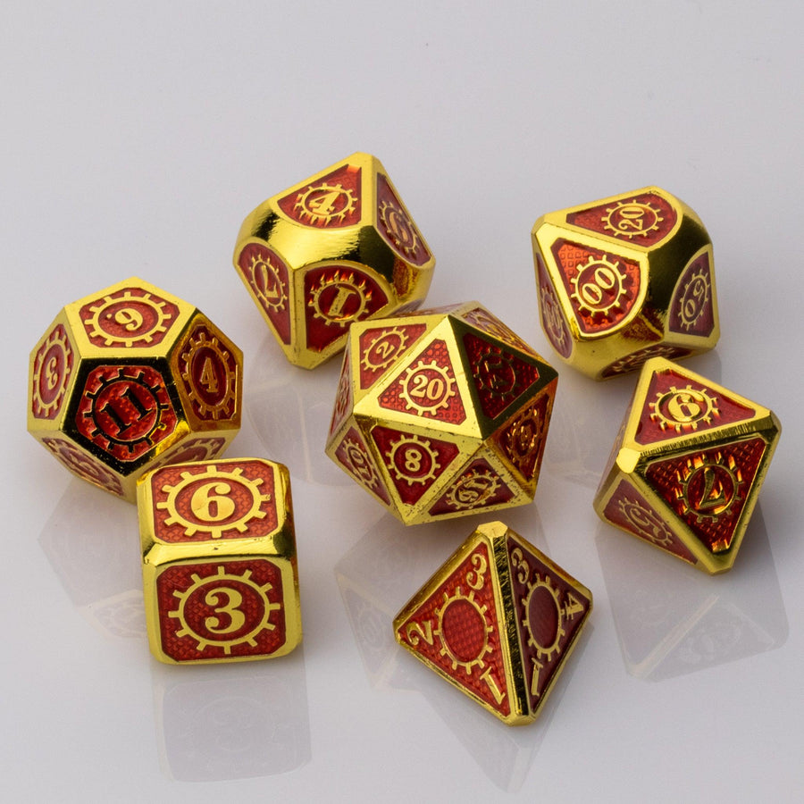 Golden Sun, red and gold metal RPG dice set on a white background.