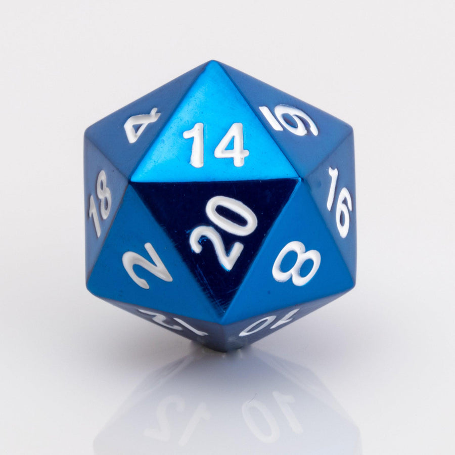 H3O, iridescent blue DND dice D20 on a white background.