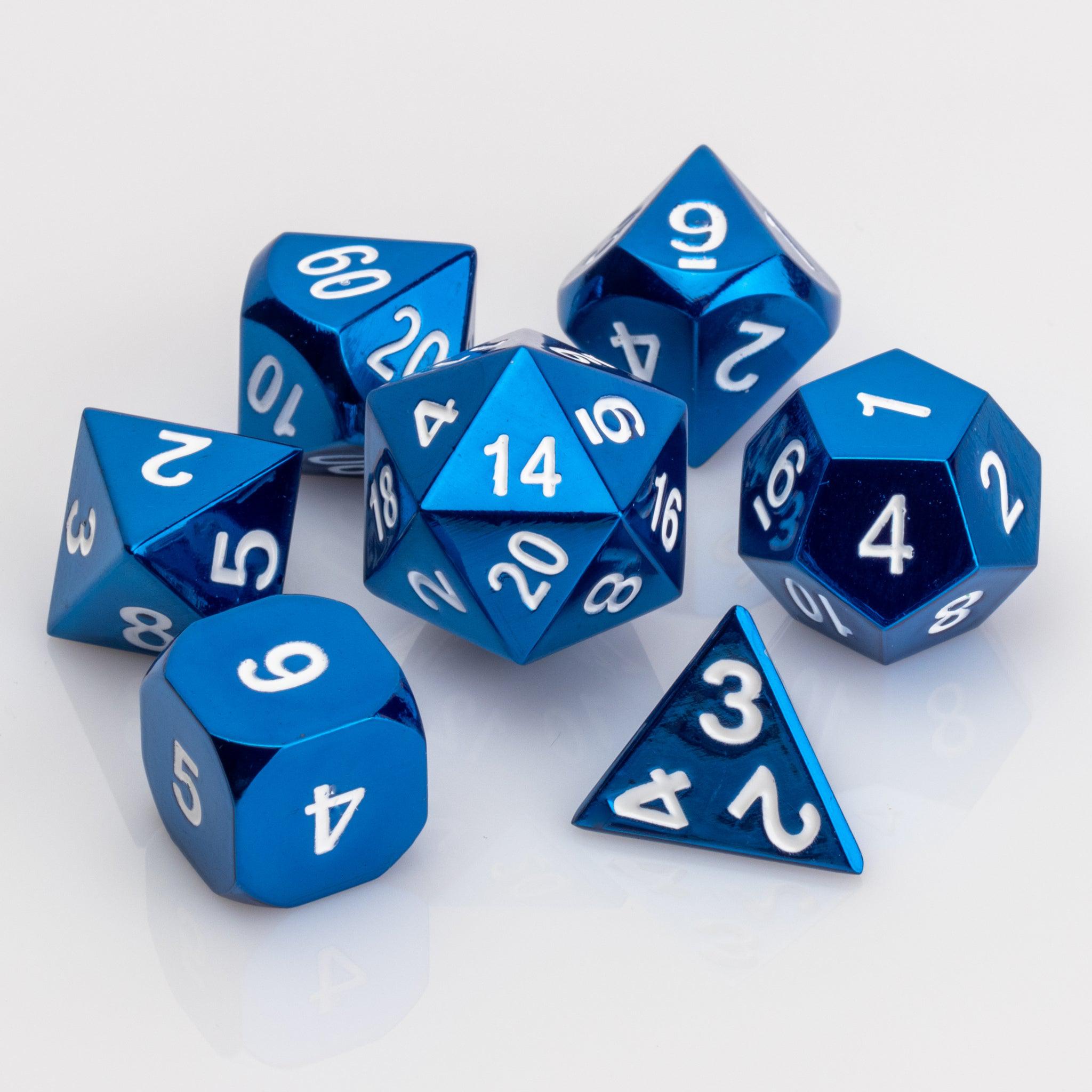 H3O, iridescent blue DND dice set on a white background.