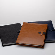 Faux Leather TTRPG book covers--3 in black, natural (brown), and navy.