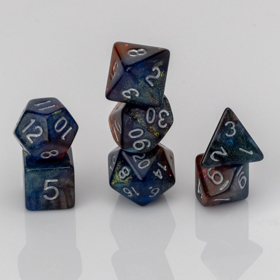 Djinni, limited edition resin RPG dice set, 7 pieces stacked.