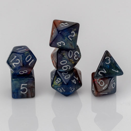 Djinni, limited edition resin RPG dice set, 7 pieces stacked.