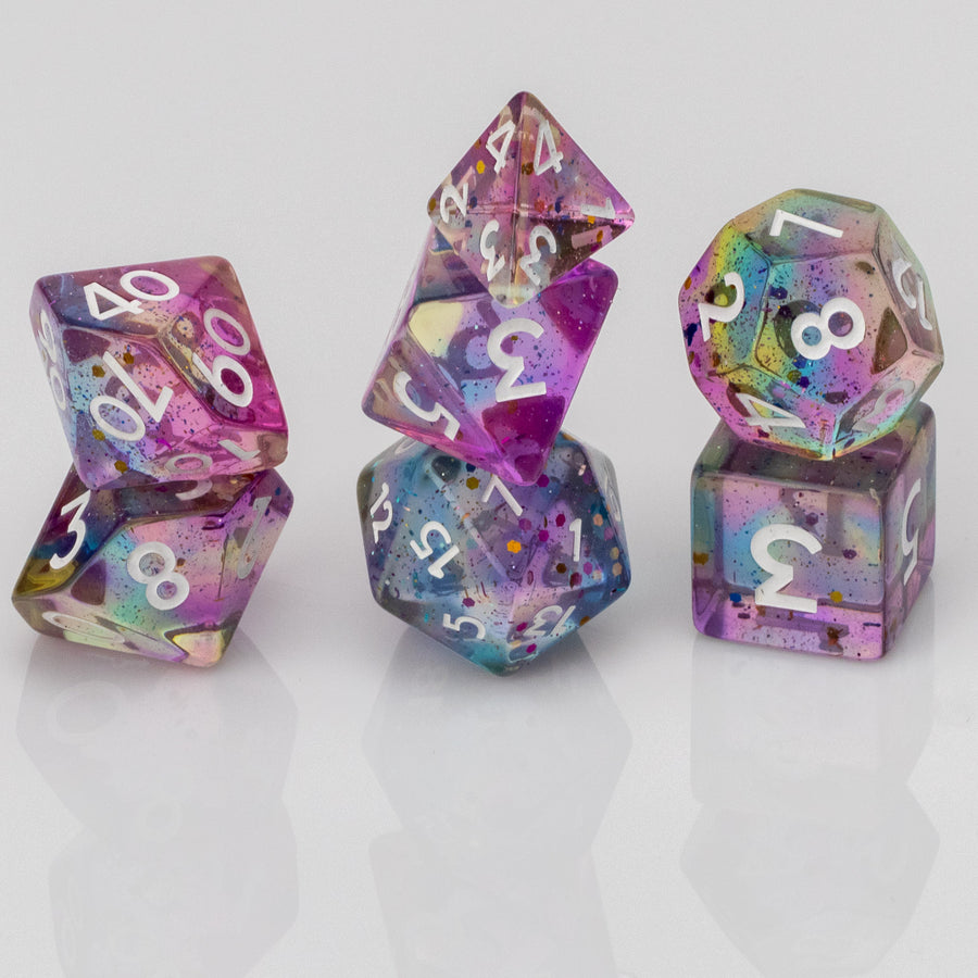 Dots--7 piece resin RPG Dice Set, stacked.