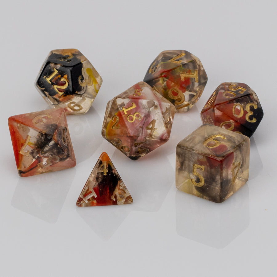 Fire Eye - Subscription DND dice set on white background.