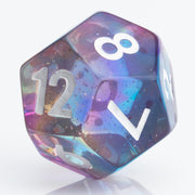 Sakura Sunset, translucent blue and purple 7 piece resin RPG dice set D12 on white background.