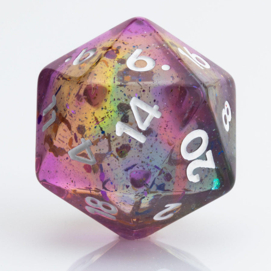 Sakura Sunset, translucent blue and purple 7 piece resin RPG dice set D20 on white background.