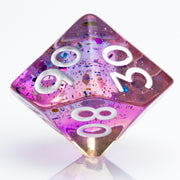 Sakura Sunset, translucent blue and purple 7 piece resin RPG dice set D00 on white background.