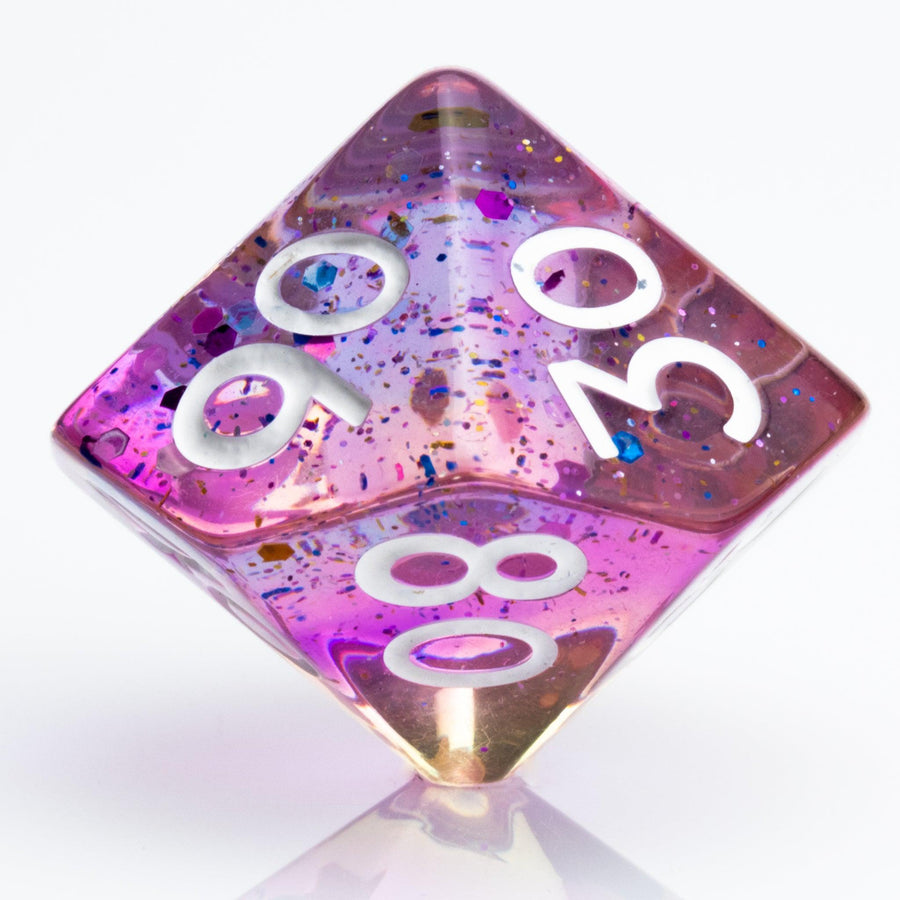 Sakura Sunset, translucent blue and purple 7 piece resin RPG dice set D00 on white background.