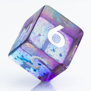 Sakura Sunset, translucent blue and purple 7 piece resin RPG dice set D6 on white background.