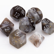 Sandstorm, swirling 7 piece DND dice set on white background.