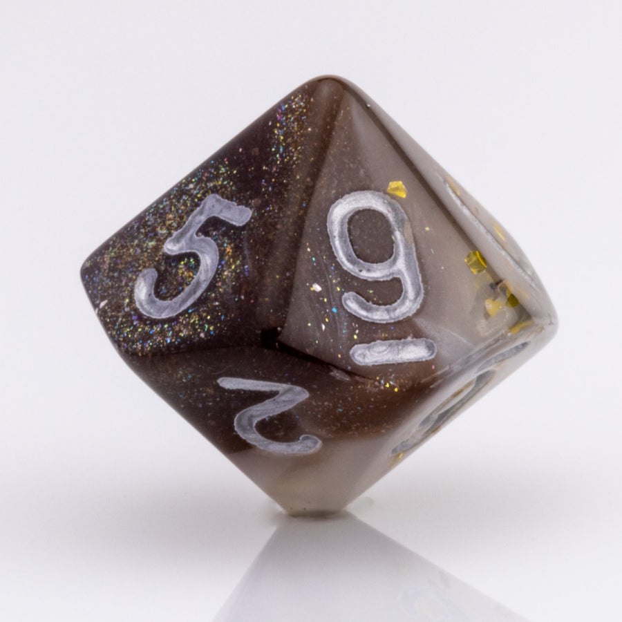 Sandstorm, swirling 7 piece DND dice set D10 on white background.