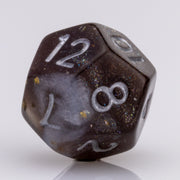 Sandstorm, swirling 7 piece DND dice set D12 on white background.