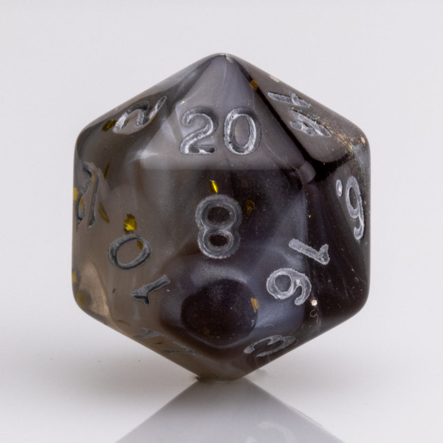 Sandstorm, swirling 7 piece DND dice set D20 on white background.