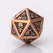 Skullsmash, Copper colored metal RPG dice D20 with skull and crossbones on a white background.