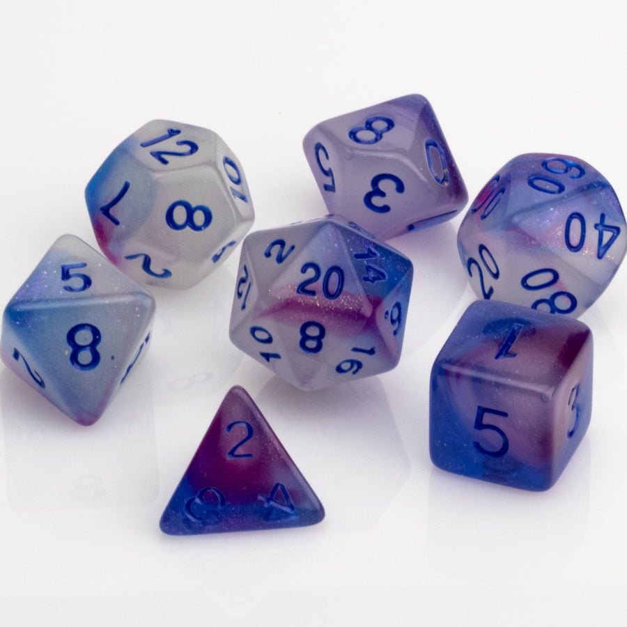 Soulfire, glow in the dark 7 piece DND dice set on a white background.