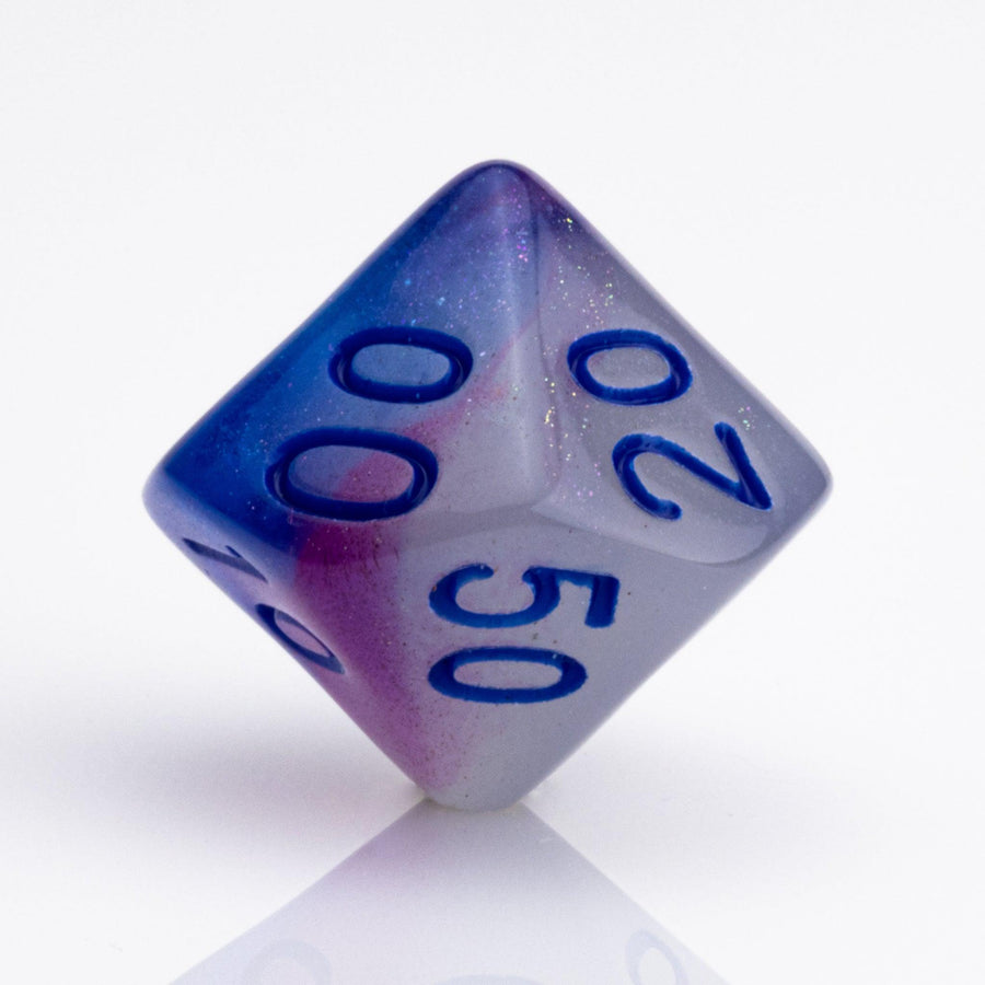 Soulfire, glow in the dark 7 piece DND dice set D00 on a white background.