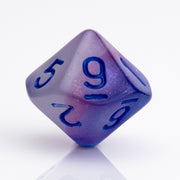 Soulfire, glow in the dark 7 piece DND dice set D10 on a white background.