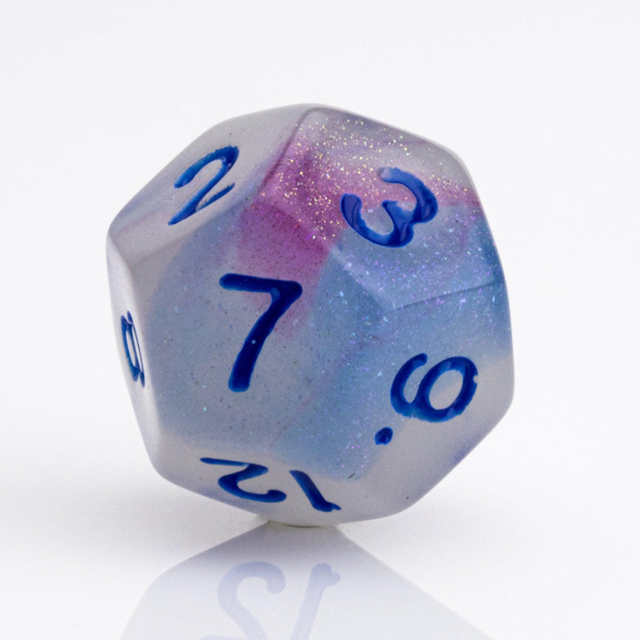 Soulfire, glow in the dark 7 piece DND dice set D12 on a white background.