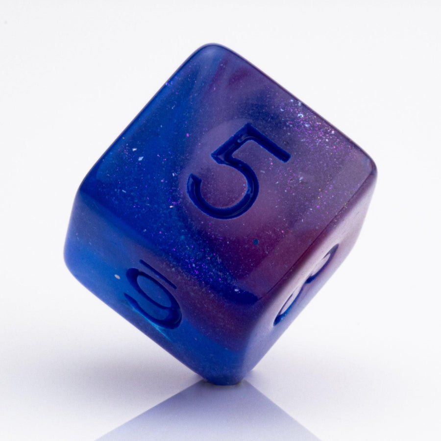 Soulfire, glow in the dark 7 piece DND dice set D6 on a white background.