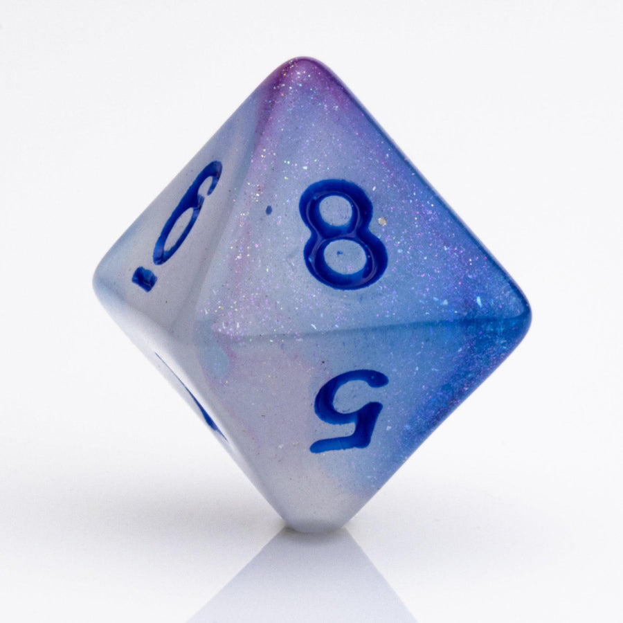 Soulfire, glow in the dark 7 piece DND dice set D8 on a white background.