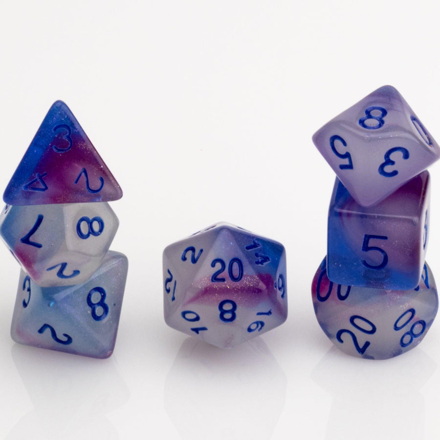 Soulfire, glow in the dark 7 piece DND dice set on a white background, stacked.