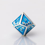 Weapon Rack, silver and blue metal RPG dice D10 adorned with weaponry on a white background.
