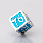 Weapon Rack, silver and blue metal RPG dice D6 adorned with weaponry on a white background.
