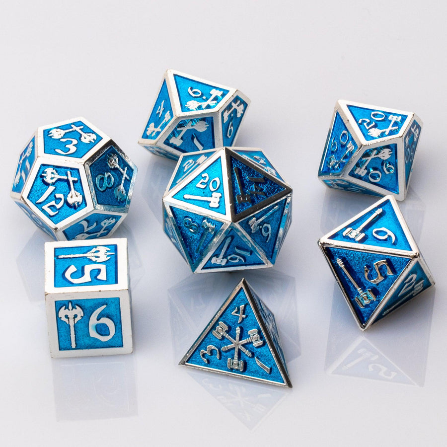 Weapon Rack, silver and blue metal RPG dice set adorned with weaponry on a white background.