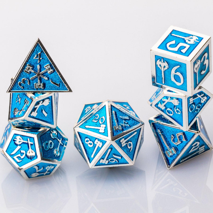 Weapon Rack, silver and blue metal RPG dice set adorned with weaponry stacked on a white background.