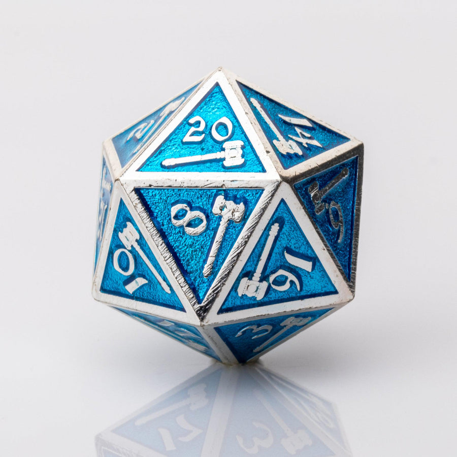 Weapon Rack, silver and blue metal RPG dice D20 adorned with weaponry on a white background..