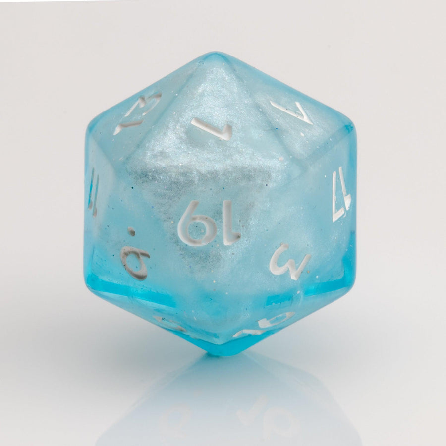 Winter's Breath, frosted blue and white D20 on a white background.