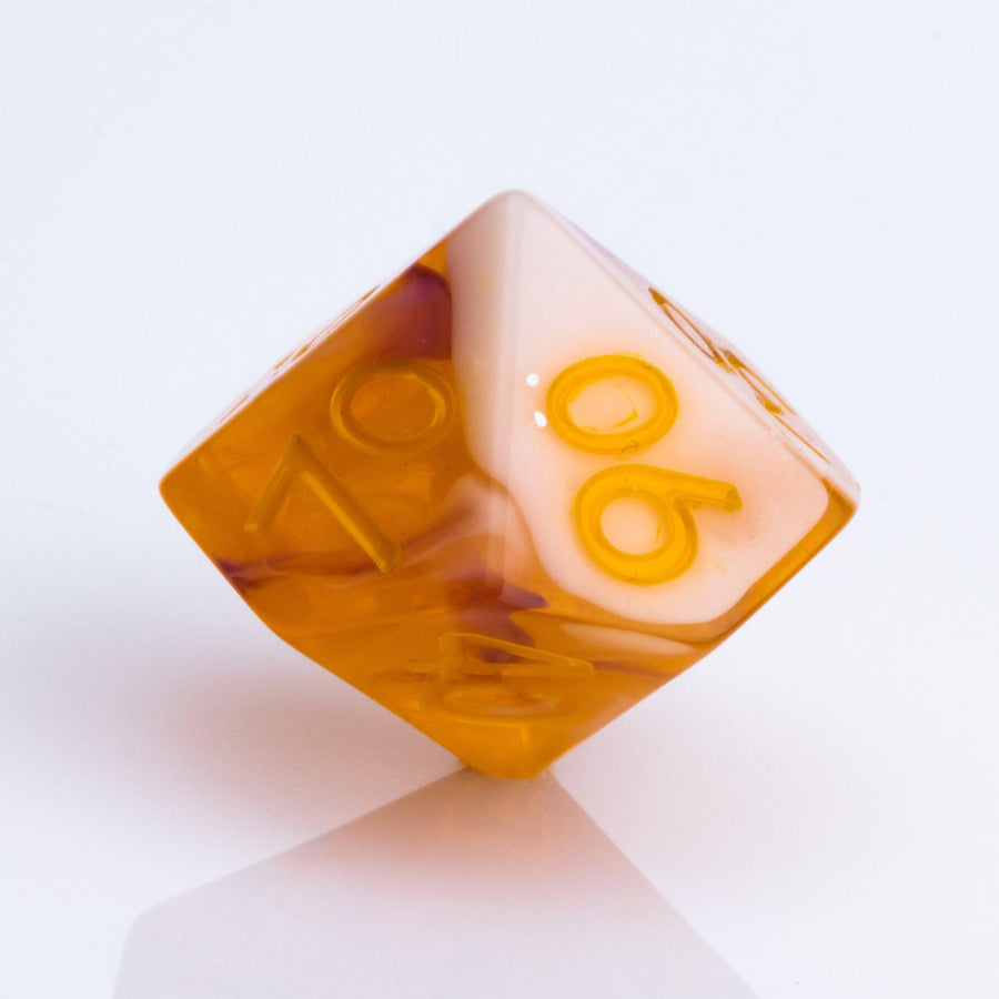 Autumn Spirit, trunslucent orange resin with swriling lavender and opaque cream. 7 piece RPG dice set D00 on white background.