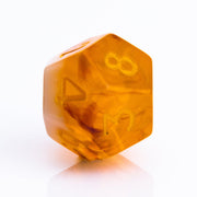 Autumn Spirit, trunslucent orange resin with swriling lavender and opaque cream. 7 piece RPG dice set D12 on white background.