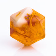 Autumn Spirit, trunslucent orange resin with swriling lavender and opaque cream. 7 piece RPG dice set D20 on white background.