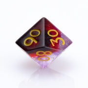 Blood Moon, dripping red, purple and clear 7 piece DND dice set D00 on a white background.