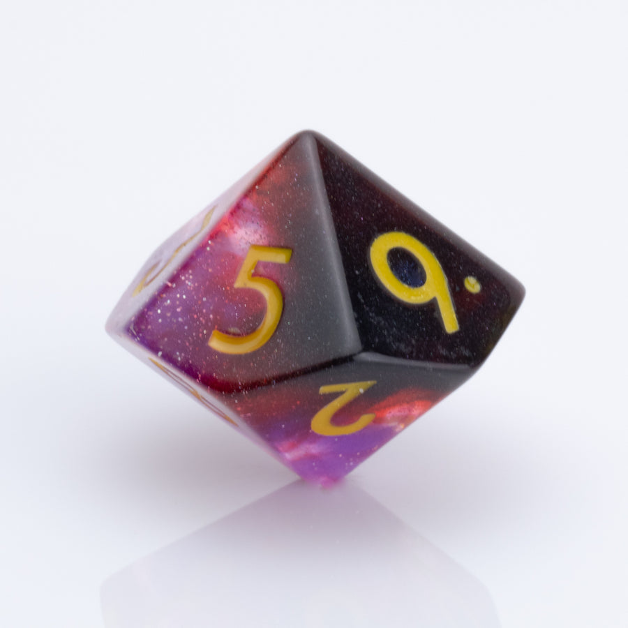 Blood Moon, dripping red, purple and clear 7 piece DND dice set D10 on a white background.
