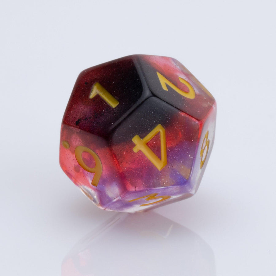 Blood Moon, dripping red, purple and clear 7 piece DND dice set D12 on a white background.