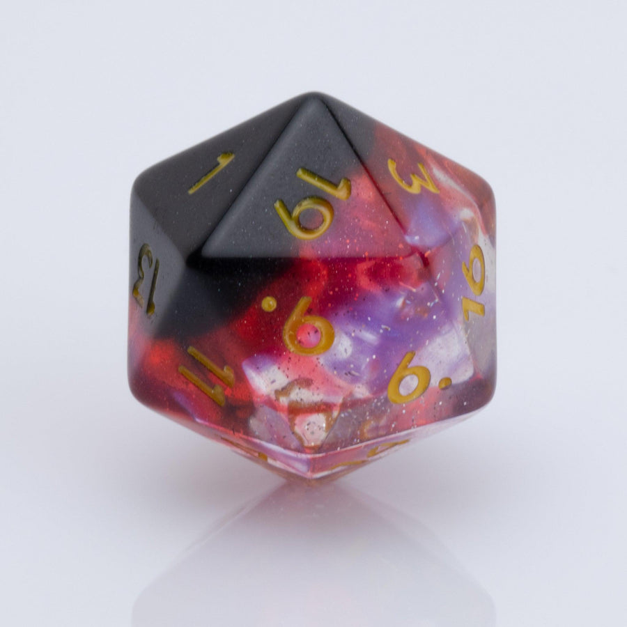 Blood Moon, dripping red, purple and clear 7 piece DND dice set D20 on a white background.