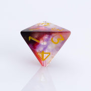 Blood Moon, dripping red, purple and clear 7 piece DND dice set D4 on a white background.