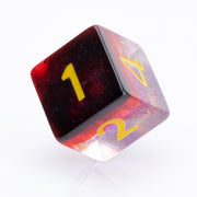 Blood Moon, dripping red, purple and clear 7 piece DND dice set D6 on a white background.