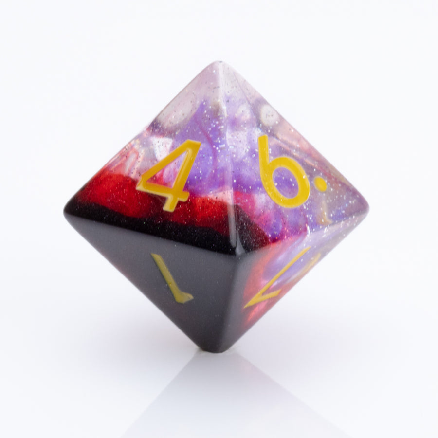 Blood Moon, dripping red, purple and clear 7 piece DND dice set D8 on a white background.