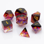 Blood Moon - 7 piece RPG dice set on white background.