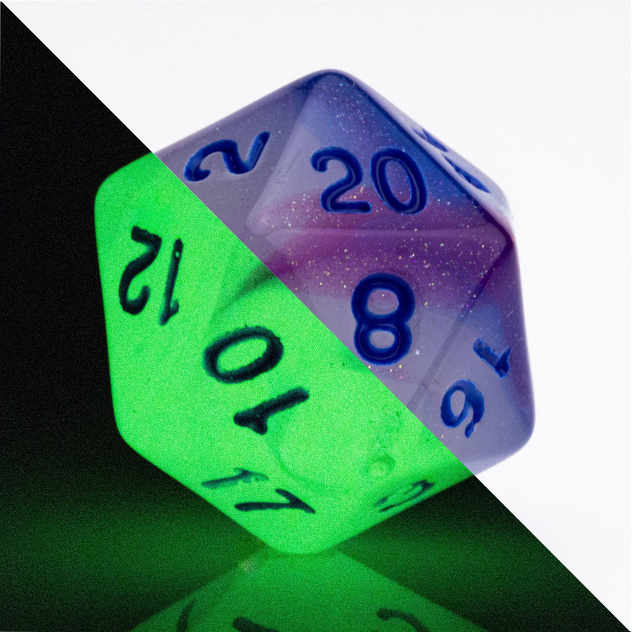 Soulfire, glow in the dark 7 piece DND dice set D20 on a white background, split with glowing image.