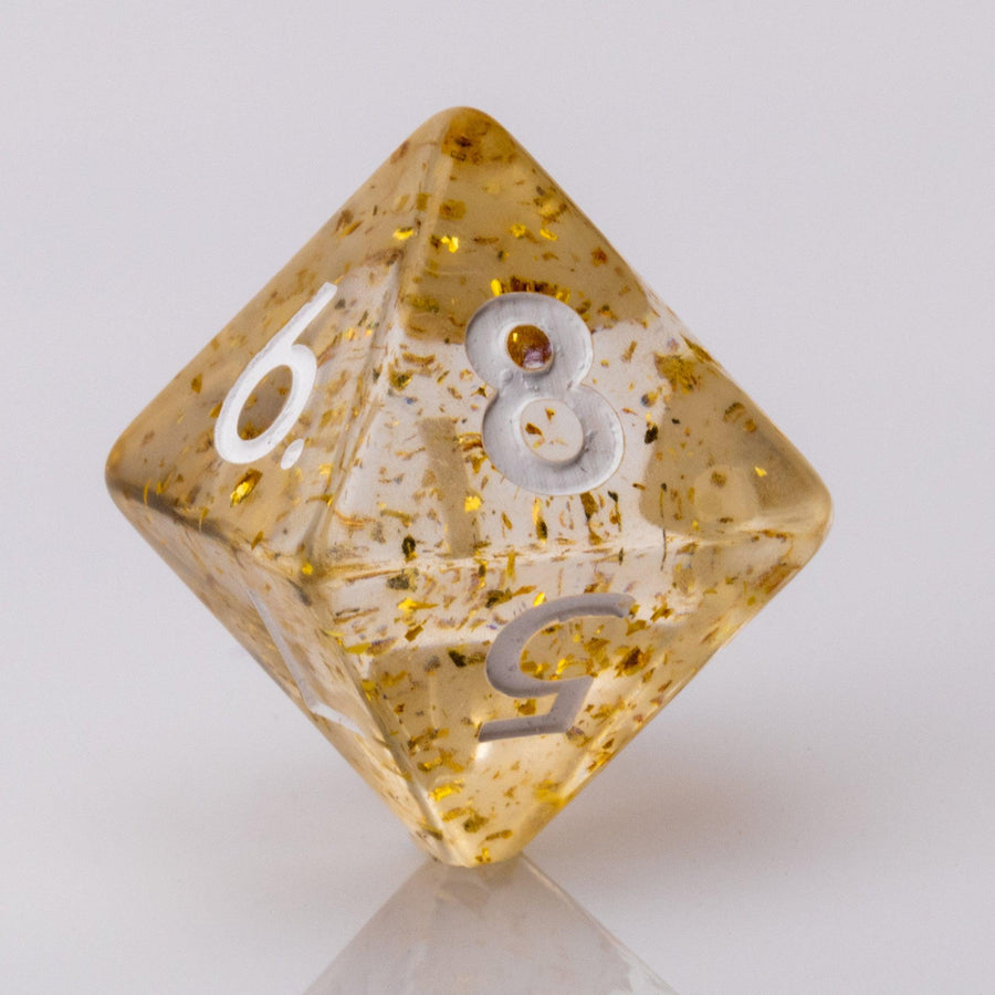 Gold Rush, 7 piece DND Dice Set D8 on a white background.