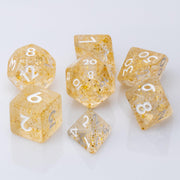 Gold Rush, 7 piece DND Dice Set on a white background.